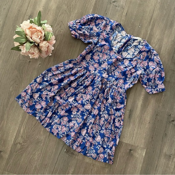 LOFT Blue Floral Puff Sleeve Babydoll Style Dress - Picture 2 of 6